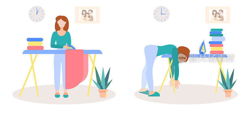 At the beginning and end of Ironing.Girl irons clothes with an iron.The young woman is tired of homework. Isolated on a white background. Vector illustration in flat style.